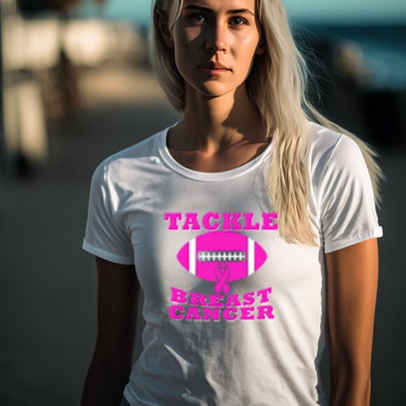New “Tackle Breast Cancer”, Breast Cancer Awareness, White Graphic Tee Apparel. - Picture 1 of 4